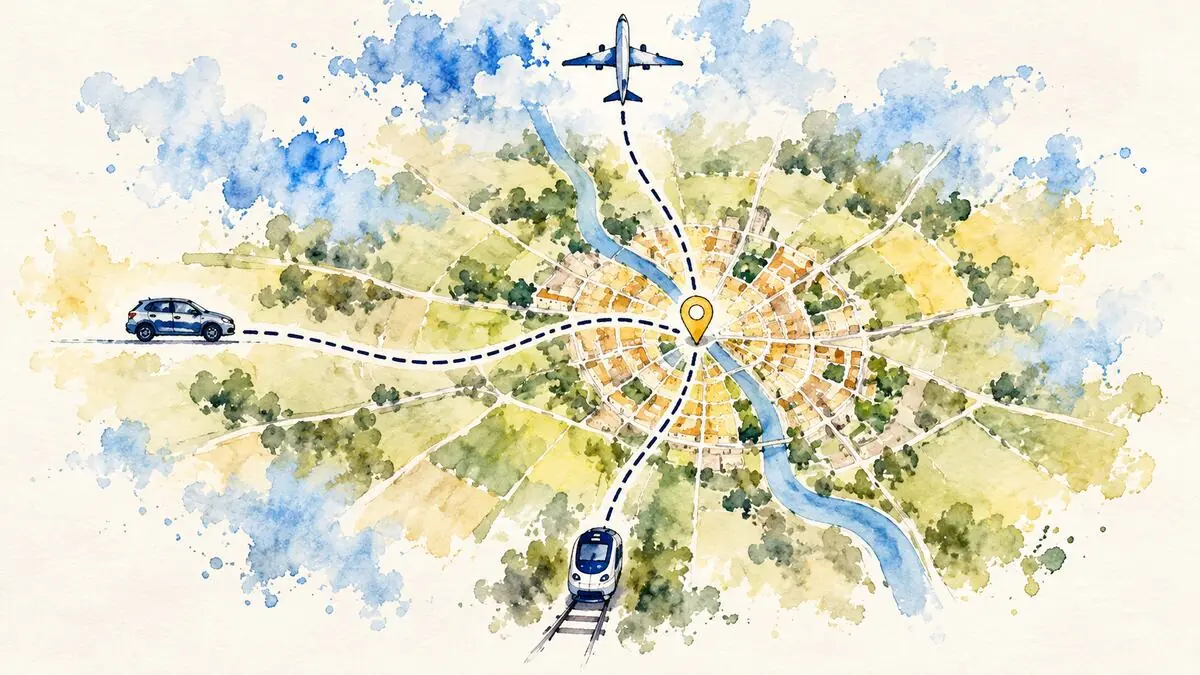 Aquarell-Illustration einer Landkarte mit Anreisewegen per Auto, Bahn und Flugzeug zu einer Stecknadel in der Stadt