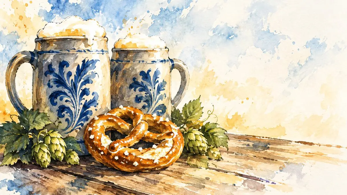 Aquarell-Illustration: zwei Steinkrüge mit Bier, eine Brezel und Hopfendolden auf einem Holztisch