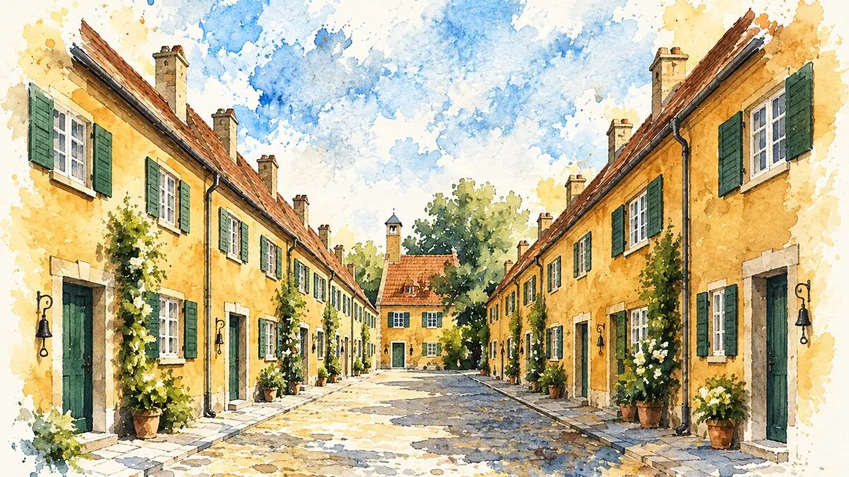 Aquarell-Illustration einer Gasse mit ockerfarbenen Reihenhäusern, grünen Fensterläden und Klingelzügen – künstlerischer Eindruck der Fuggerei in Augsburg
