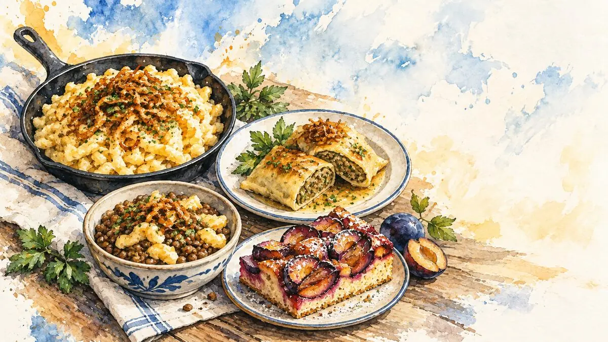 Aquarell-Illustration schwäbischer Gerichte: Kässpätzle in der Pfanne, Maultaschen, Linsen mit Spätzle und Zwetschgendatschi