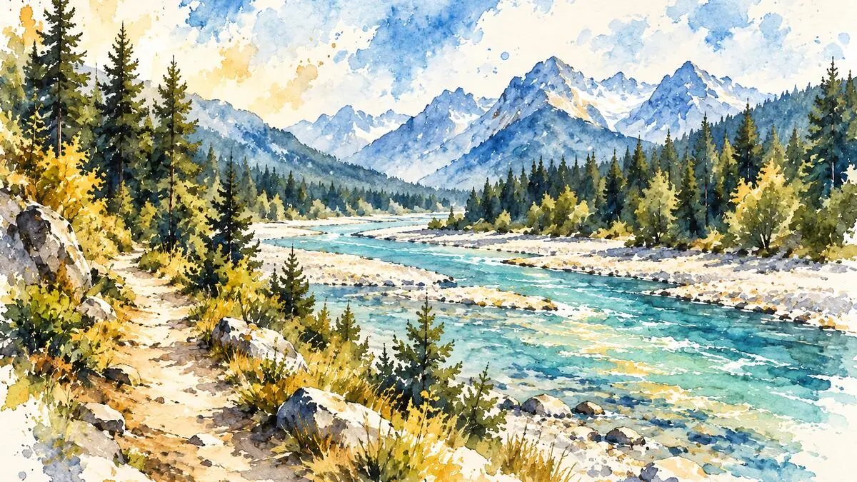 Aquarell-Illustration eines türkisfarbenen Gebirgsflusses mit Kiesbänken, Nadelwald, Bergen und Wanderweg