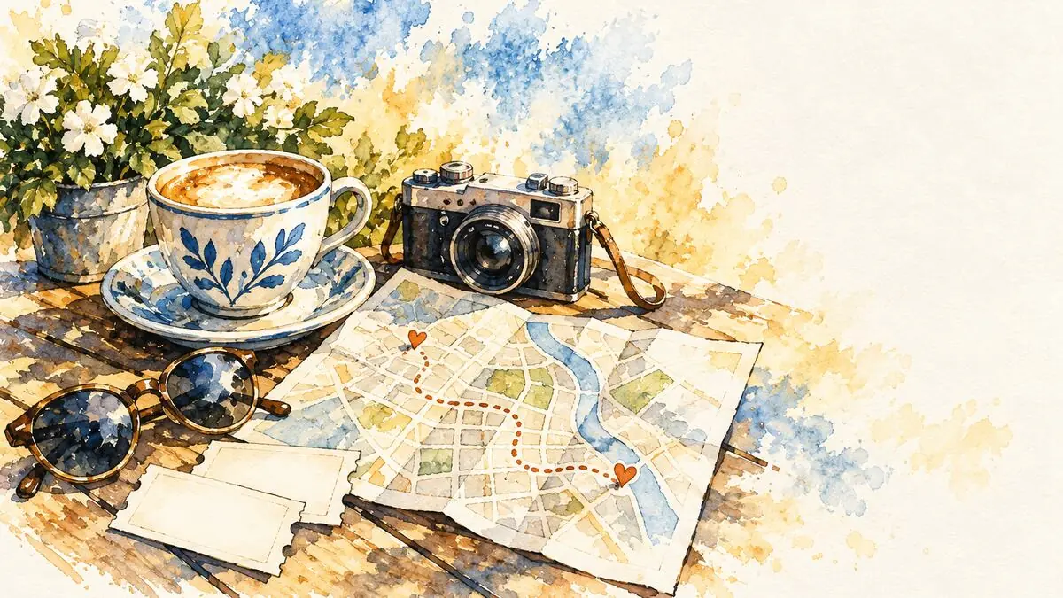 Aquarell-Illustration: Stadtplan mit eingezeichneter Route, Kaffeetasse, Kamera, Sonnenbrille und Eintrittskarten für ein Wochenende in Augsburg
