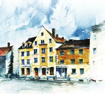 Aquarell der Hausfassade des Hotel Goldener Falke in Augsburg-Oberhausen – Tradition seit über 100 Jahren